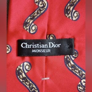 DIOR Vintage Christian Dior Monsieur 100% Silk Tie Red Scroll Pattern Necktie